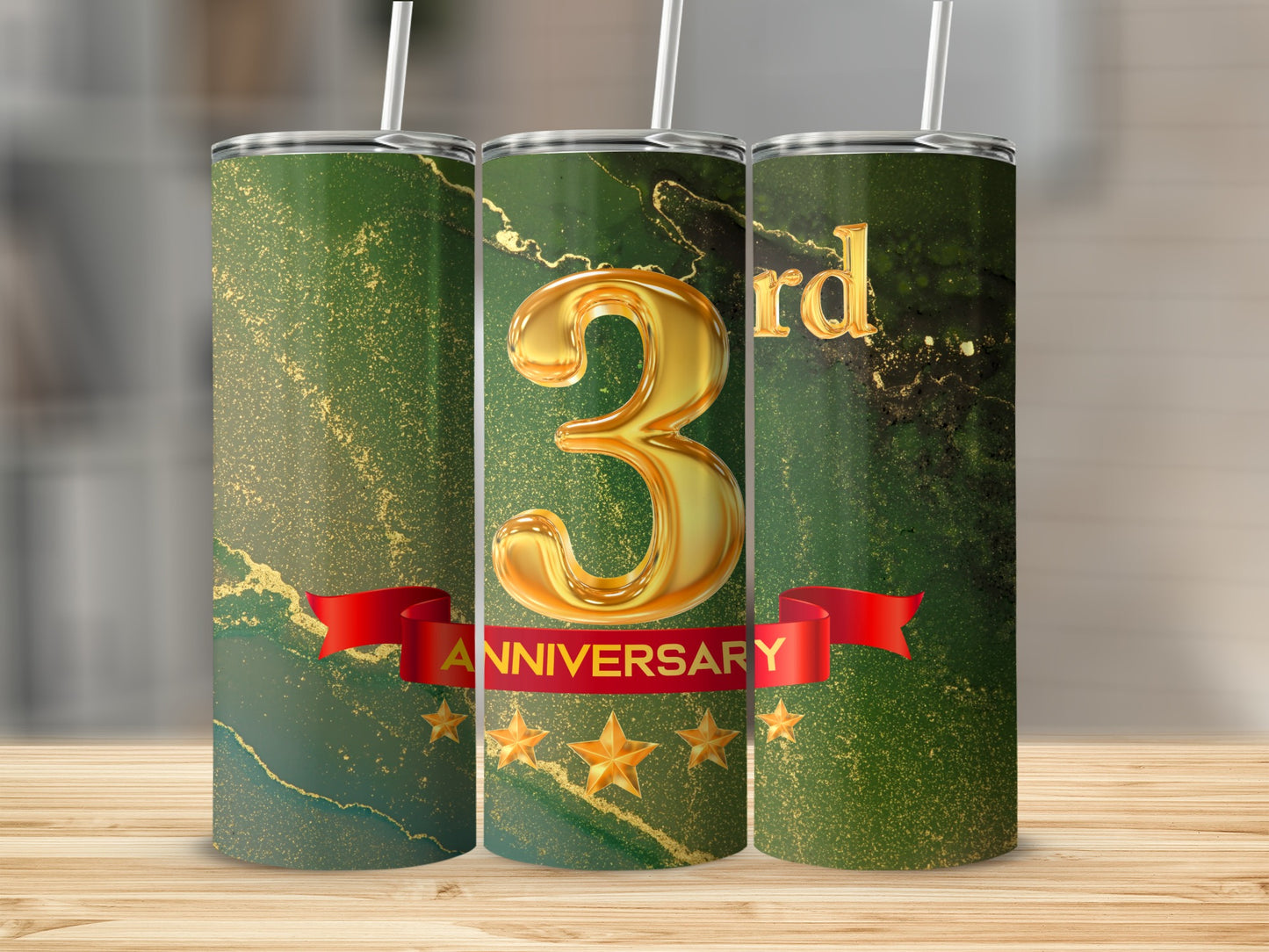 Green and gold marbled tumbler with "3rd Anniversary" text and stars.
