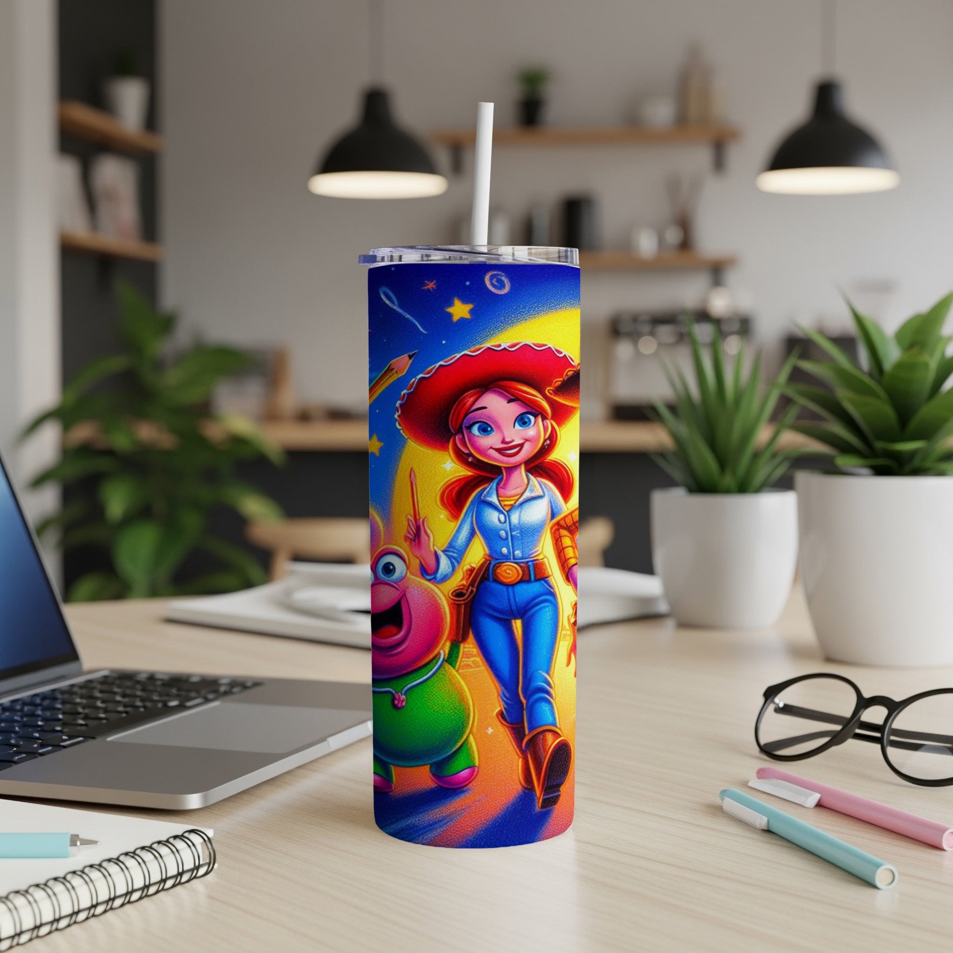 Jessie from Toy Story on a blue tumbler with a green alien.