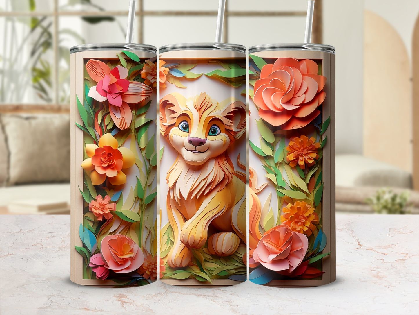 Cute Lion and Floral Artwork Tumbler