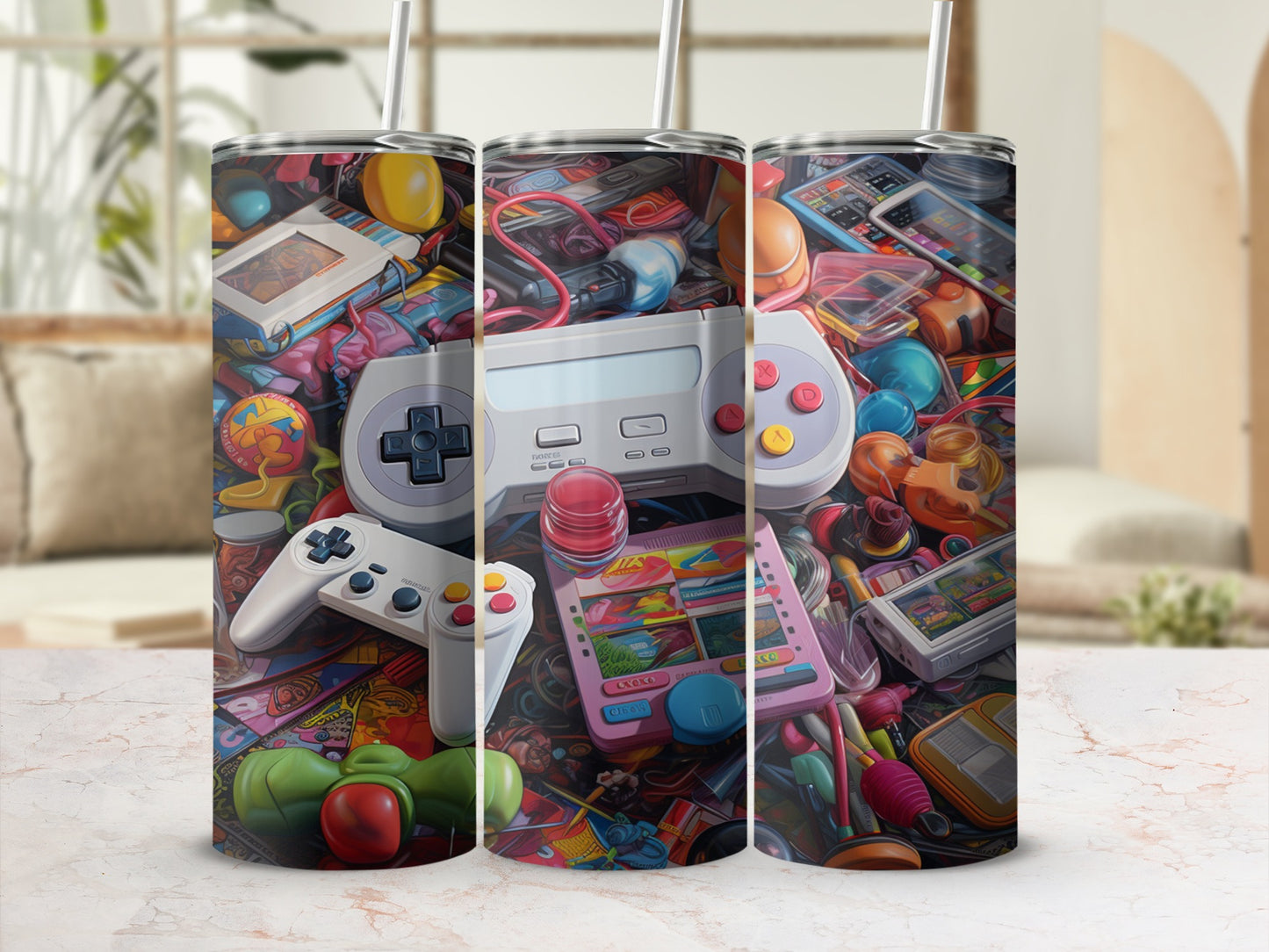 Retro video game controllers and accessories in a colorful, cluttered arrangement.
