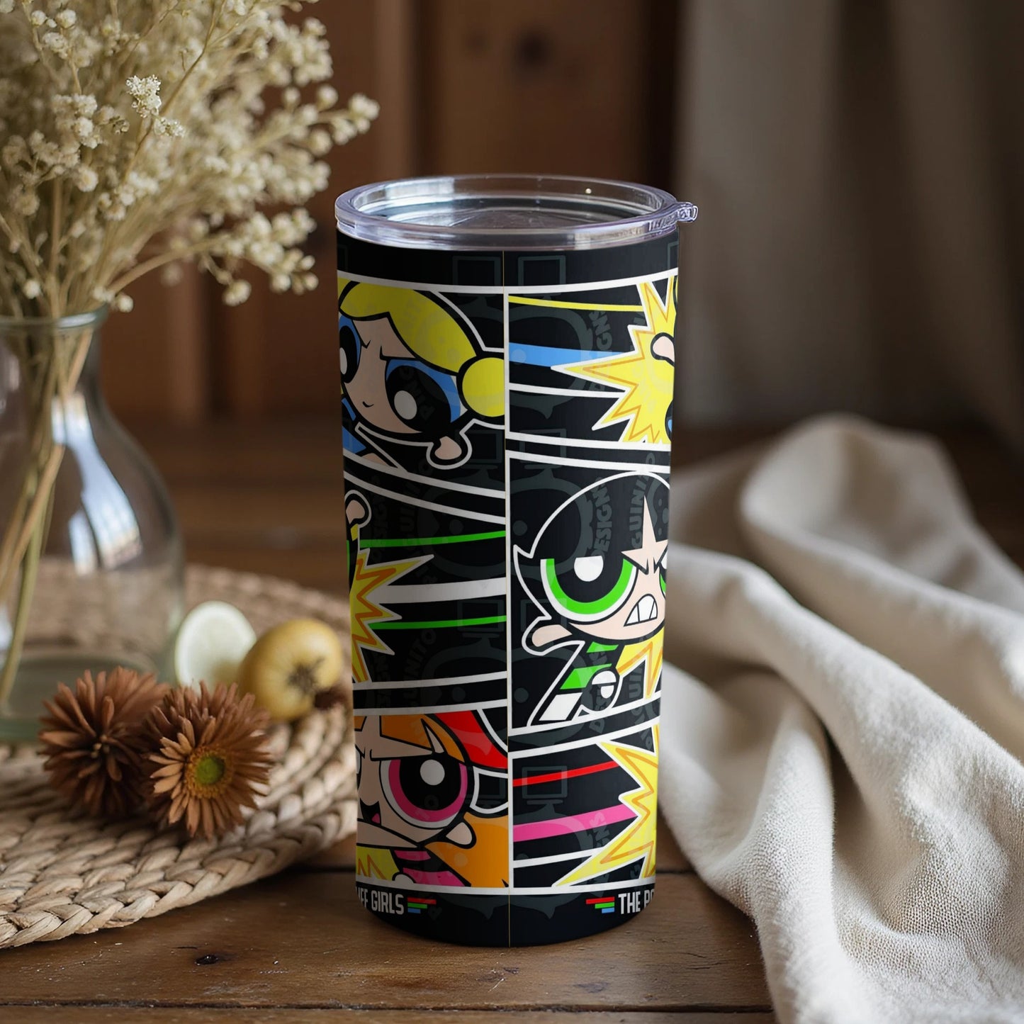 Colorful Powerpuff Girls Tumbler with Comic Strip Design