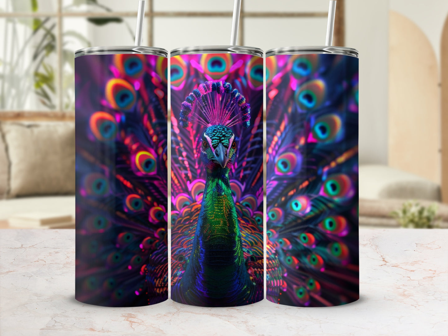 Three tumblers with a vibrant, colorful peacock feather design.