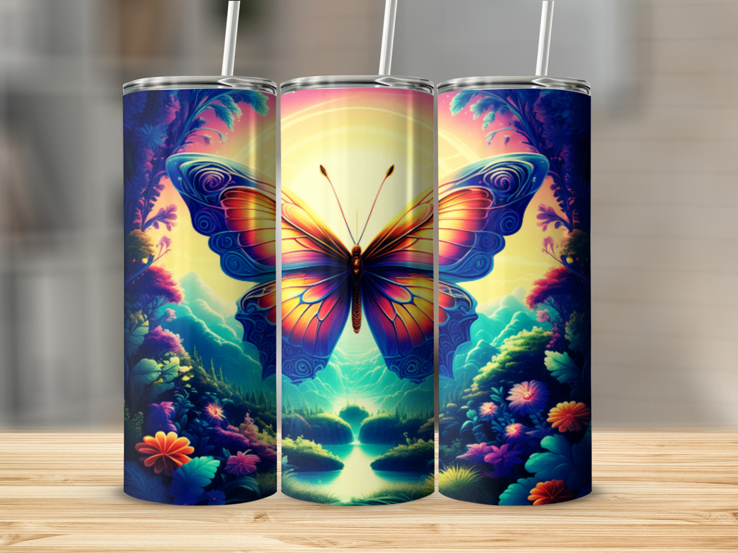 Butterfly design on a cylindrical tumbler with a colorful landscape.