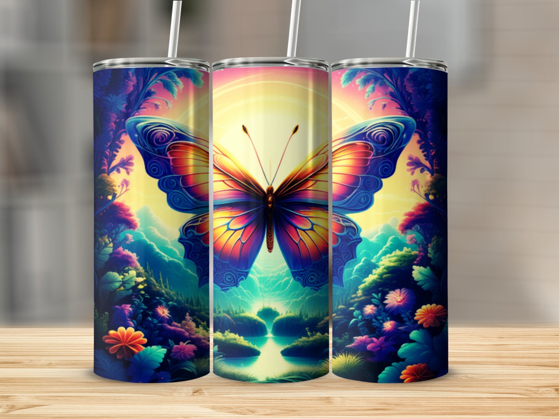 Butterfly design on a cylindrical tumbler with a colorful landscape.