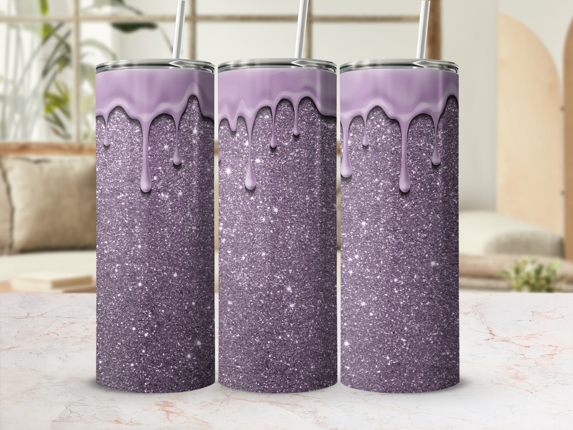 Purple Glitter Tumblers with Dripping Paint Design