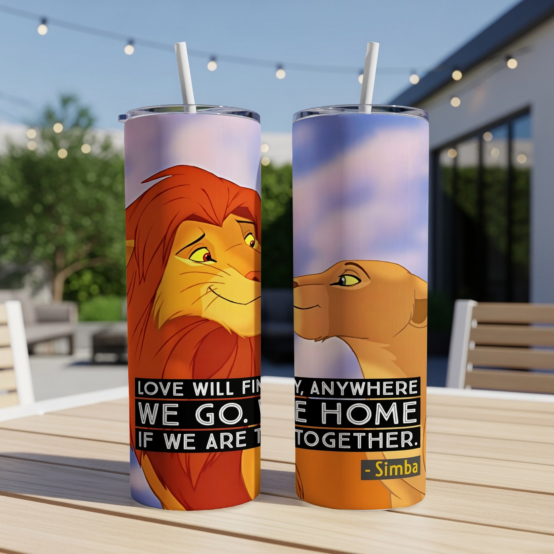 Two Lion King tumblers with Simba and Nala, featuring quotes.
