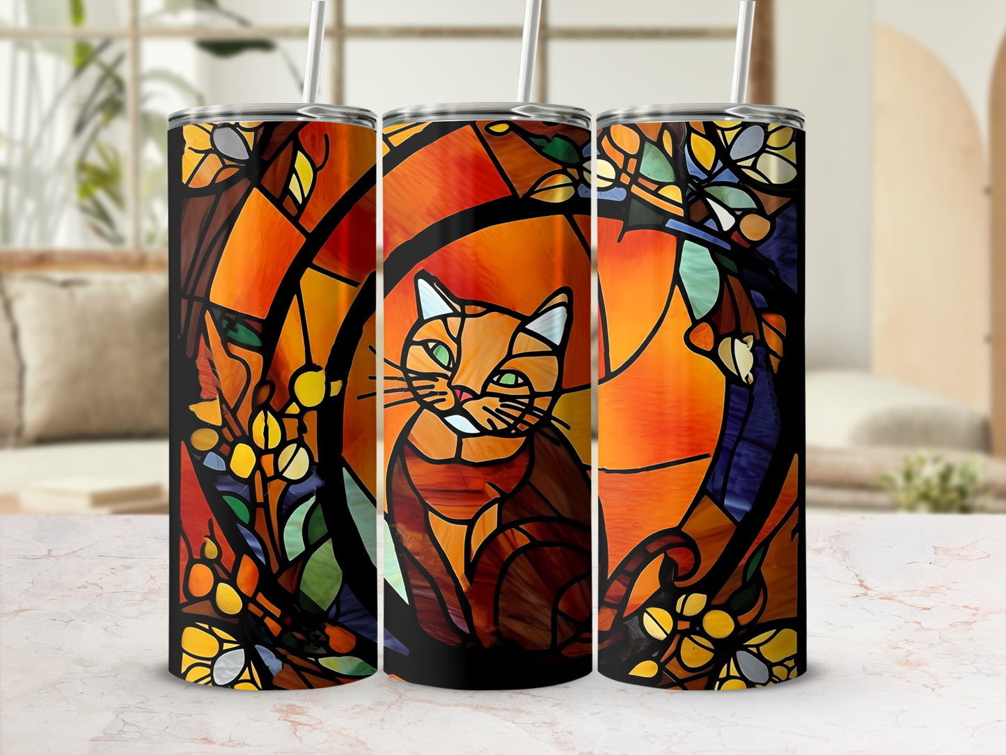 Orange tabby cat with green eyes on stained glass tumbler.