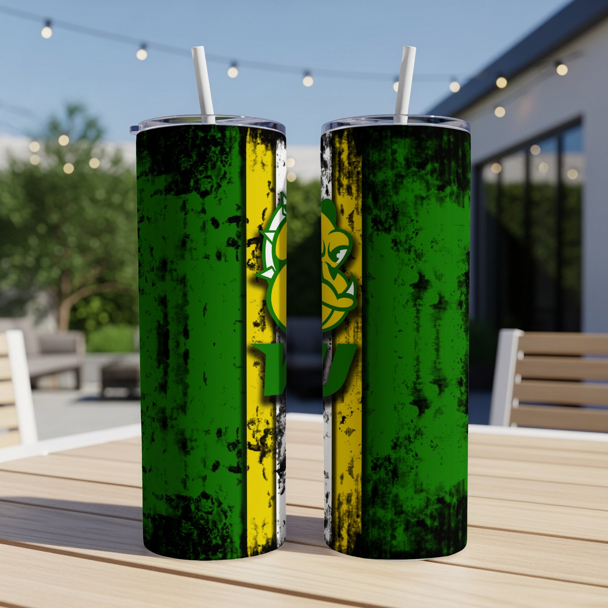 Two tumblers with green, white, and yellow distressed stripe design and a green mascot.