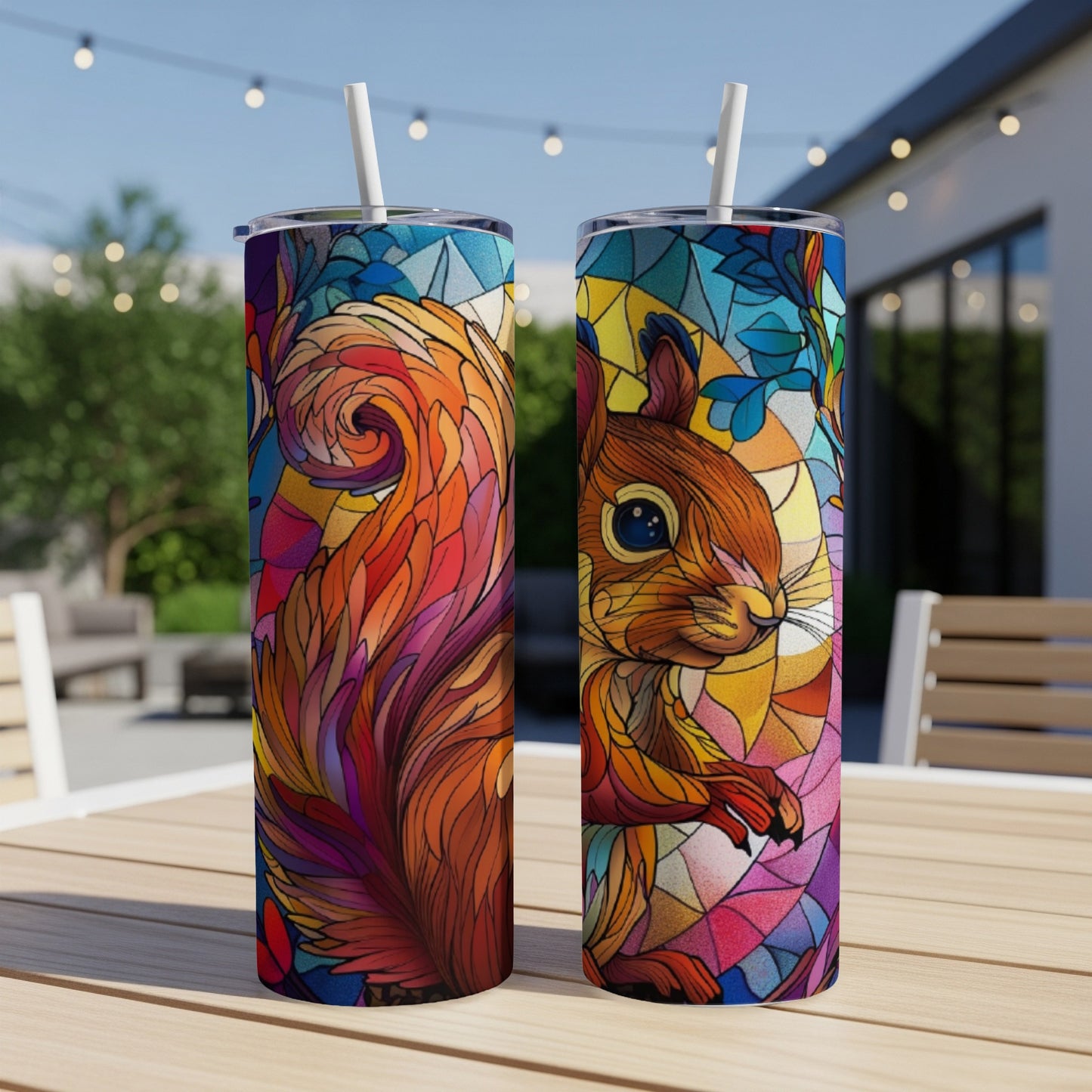 Two stained-glass effect tumblers featuring a colorful squirrel design.