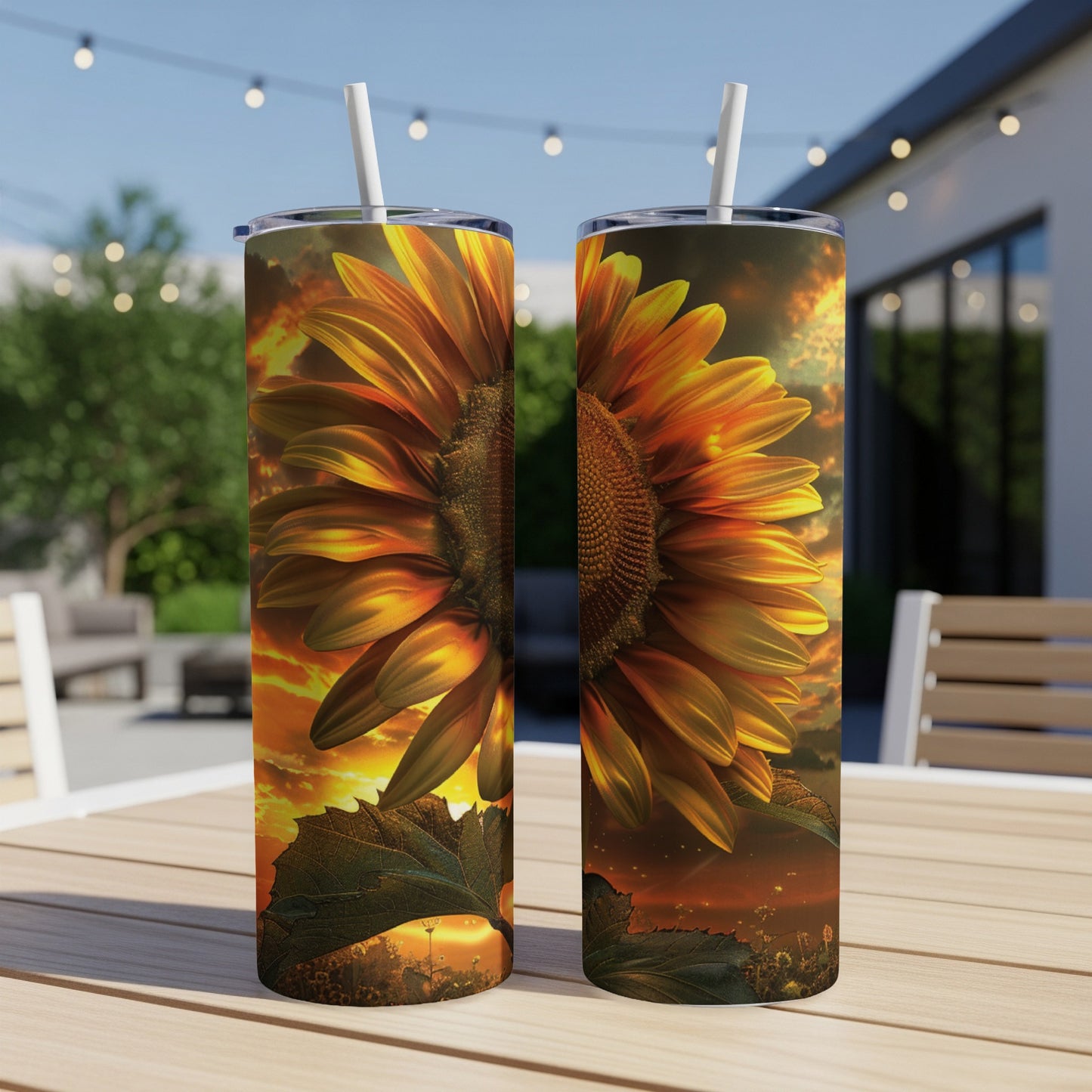 Two tall tumblers with sunflower and sunset design, on a table.