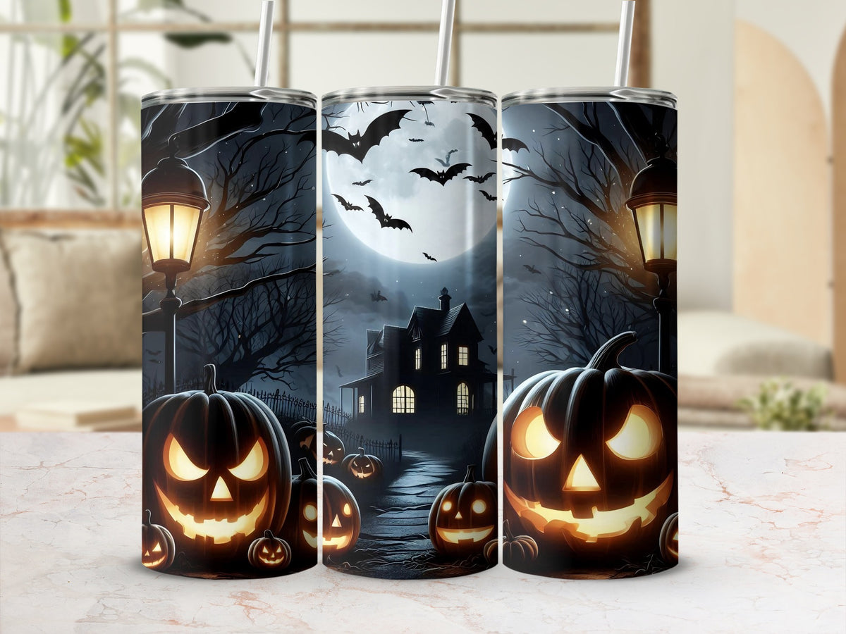 Halloween themed tumblers with jack-o'-lanterns, haunted house, and bats.