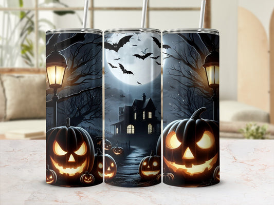 Halloween themed tumblers with jack-o'-lanterns, haunted house, and bats.