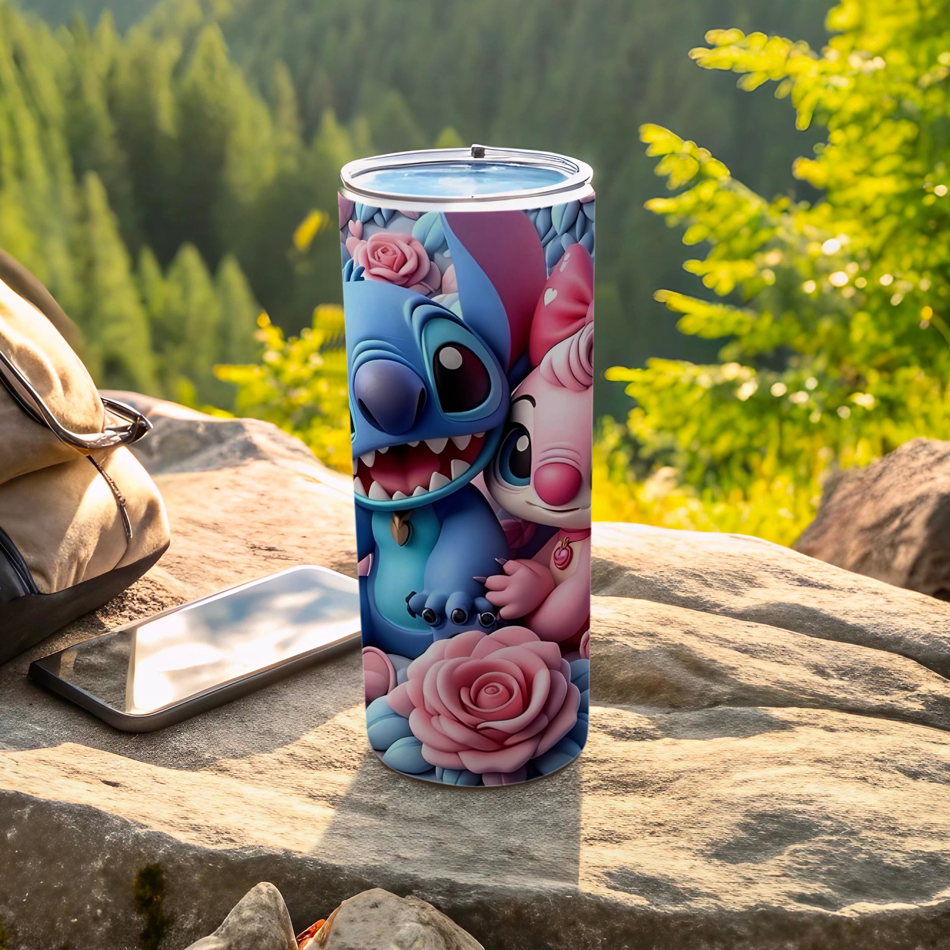 Adorable Stitch and Angel with Roses Tumbler