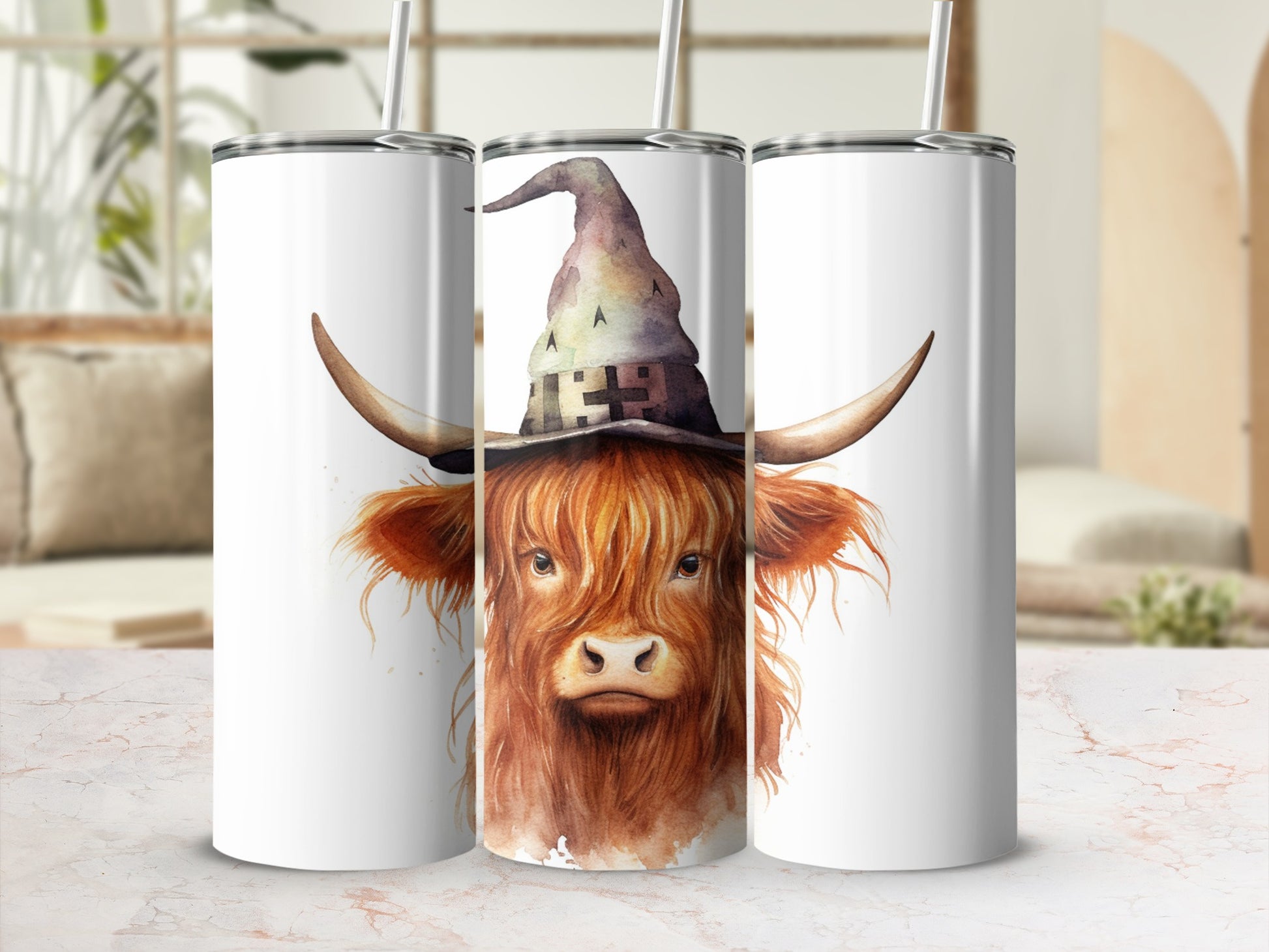 Highland cow in witch hat, watercolor art on white tumbler.
