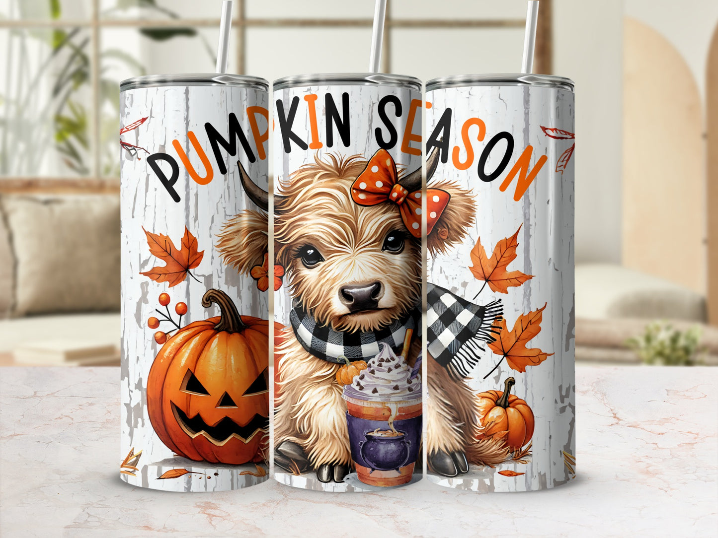 Three tumblers with a Highland cow, pumpkin, and "Pumpkin Season" text.