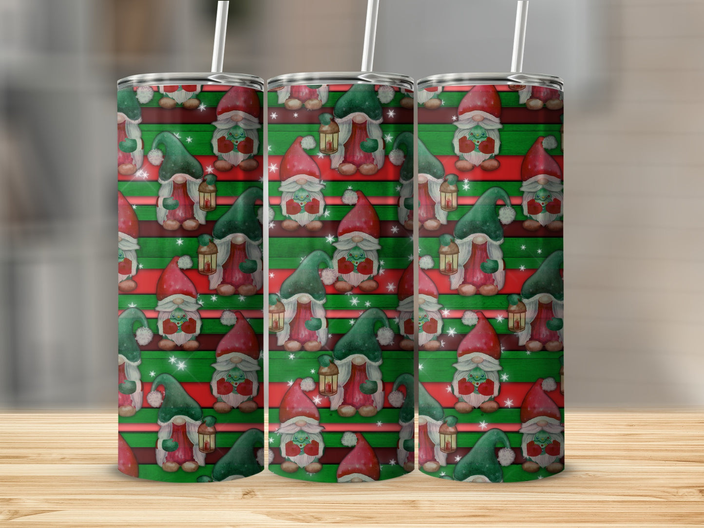 Three Christmas gnomes with lanterns on striped green and red background.