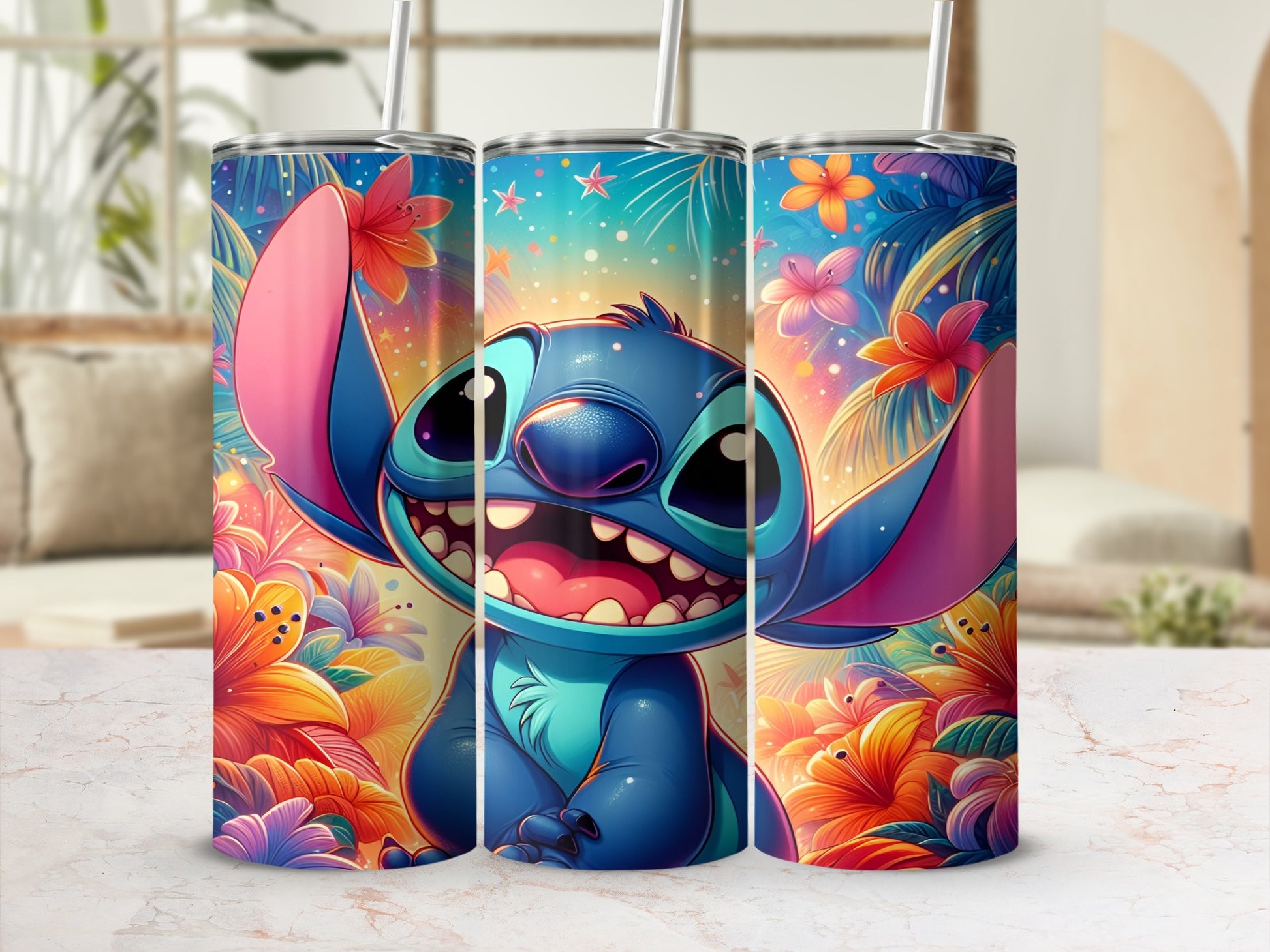 Stitch character with colorful floral background on a tumbler.