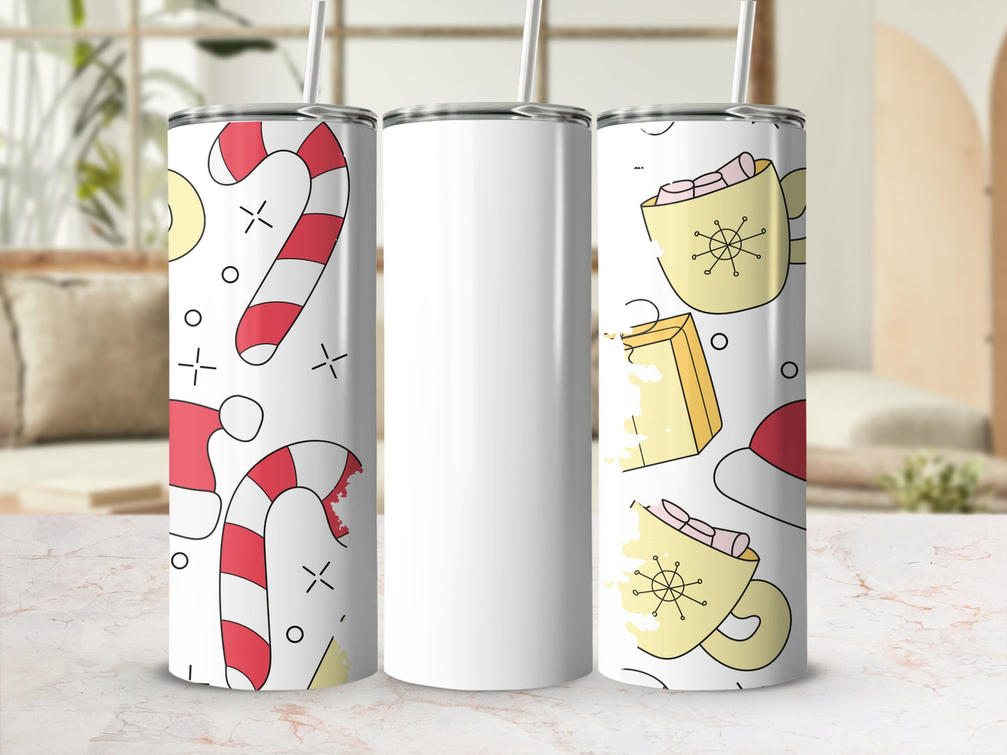 Holiday Themed Tumblers with Candy Cane and Mug Designs