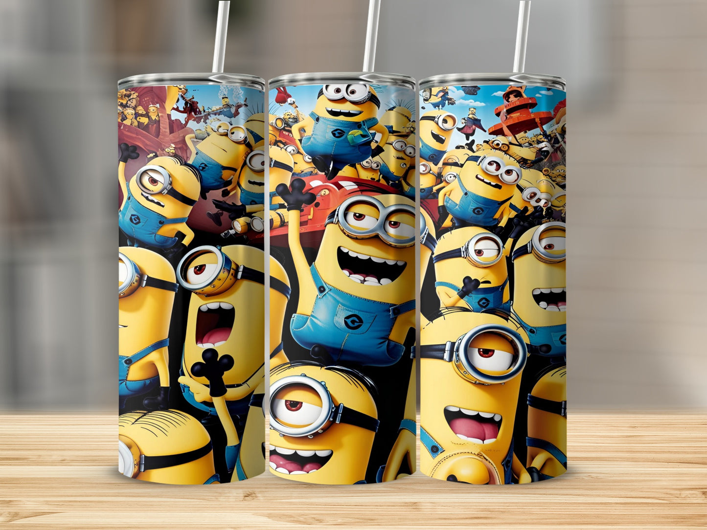 Minions character illustration on three tall cylindrical tumblers.
