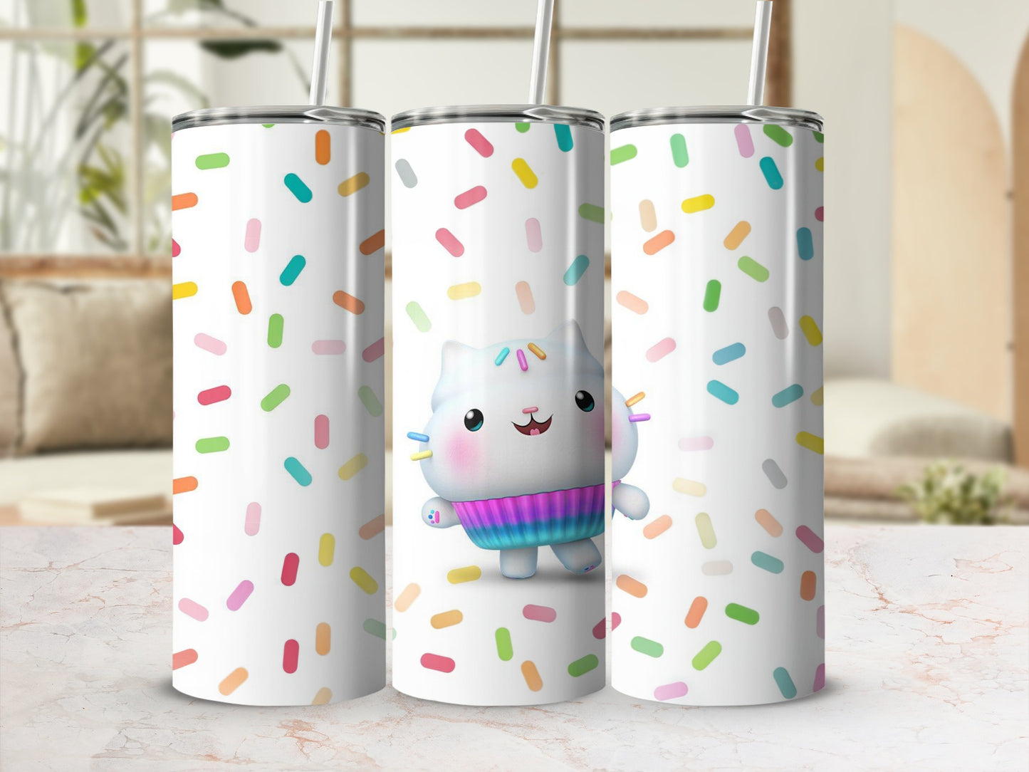 Cute Cat and Rainbow Sprinkles Design Tumbler Cup