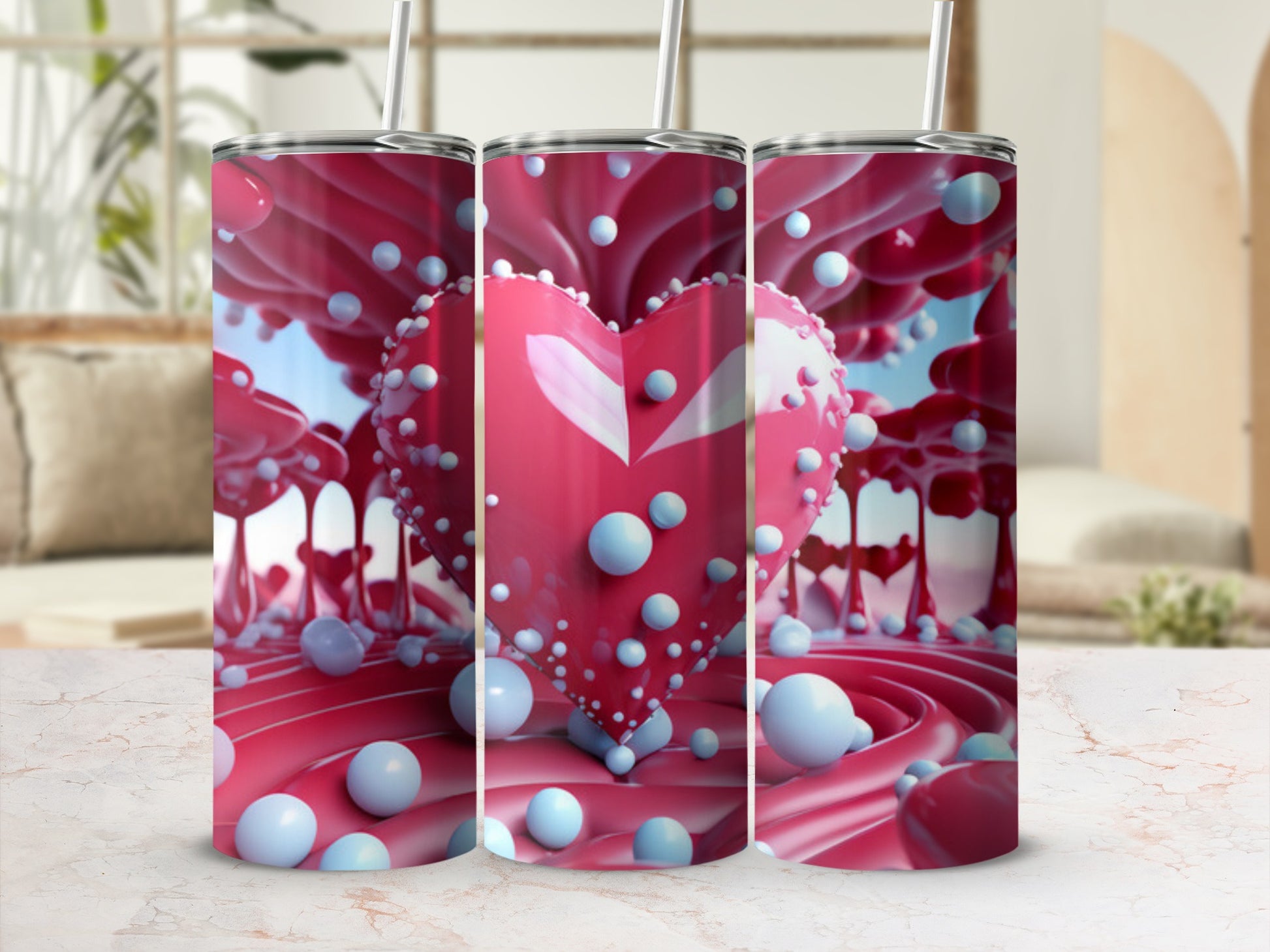 Pink heart with white dots on a swirling pink background.