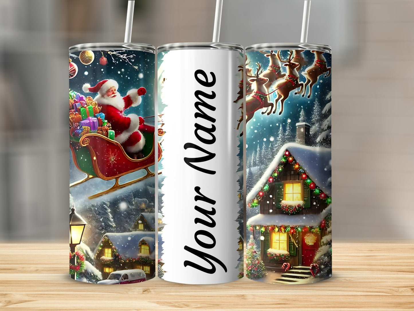 Personalized Christmas Santa and Reindeer Holiday Tumbler