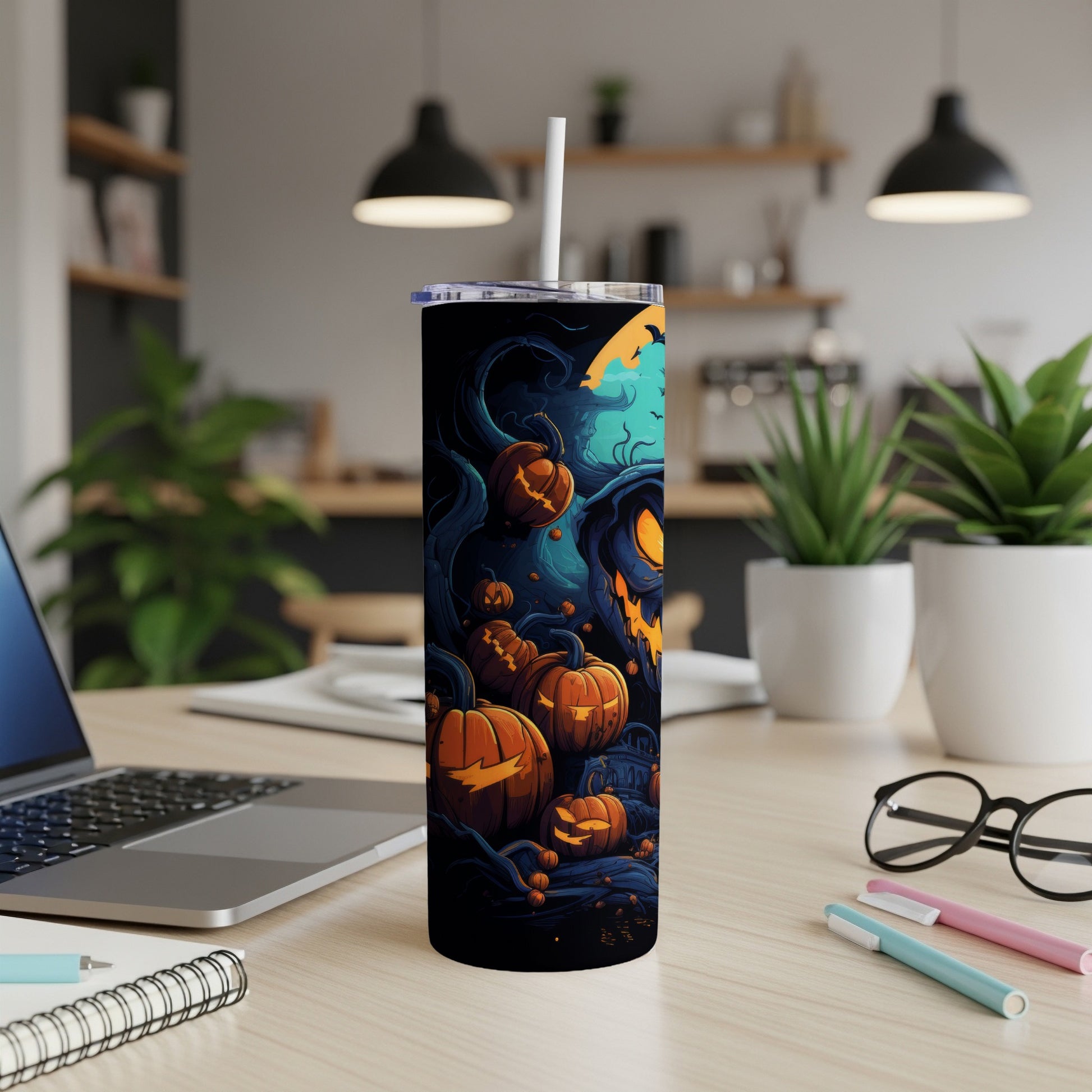 Tumbler with Halloween pumpkins, spooky trees, and a full moon design.