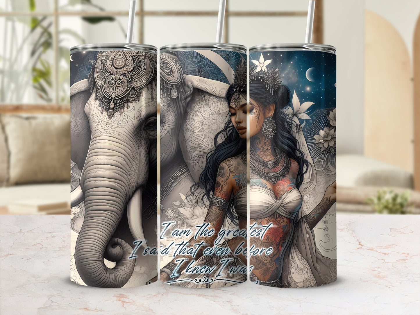 Triptych of an elephant and a tattooed woman with text "I am the greatest I said that even before I knew I was".