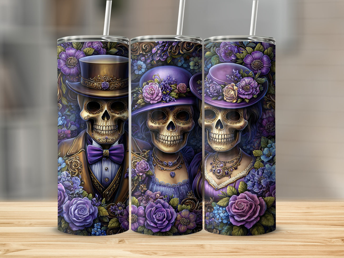 Elegant Skeleton Couple with Floral Design Tumbler