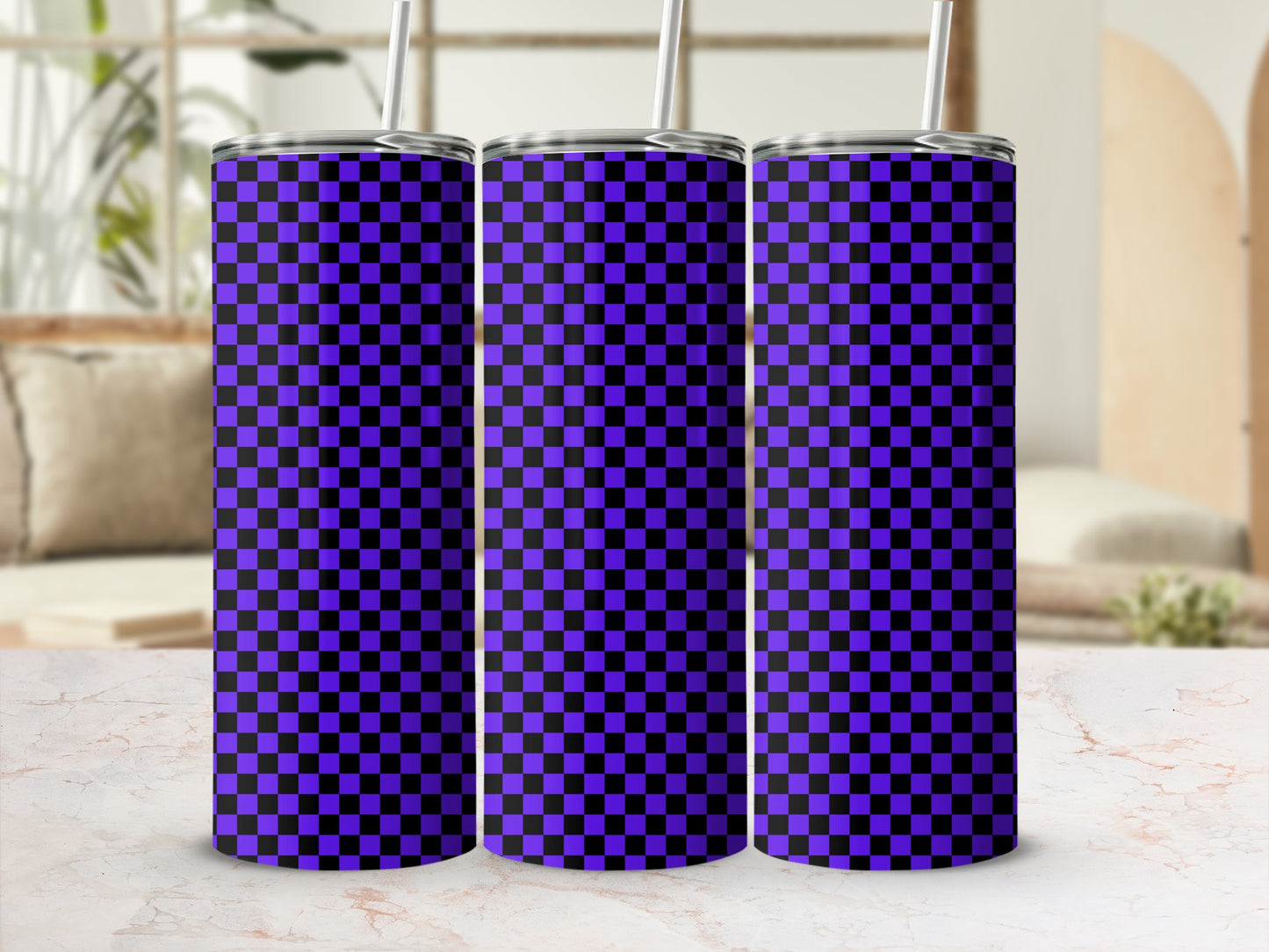 Three tumblers with a purple and black checkerboard pattern.