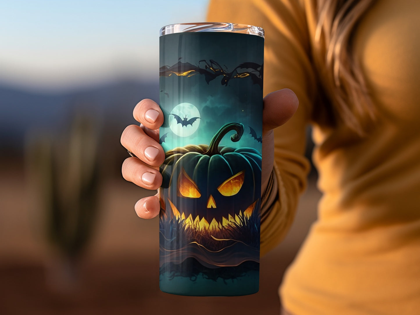 Spooky Halloween Pumpkin and Bats Design Travel Mug