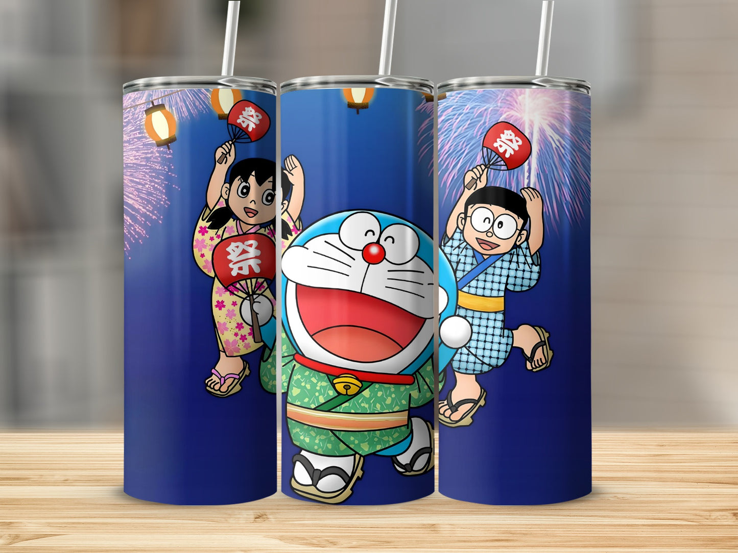 Blue Background Characters with Fireworks Tumbler
