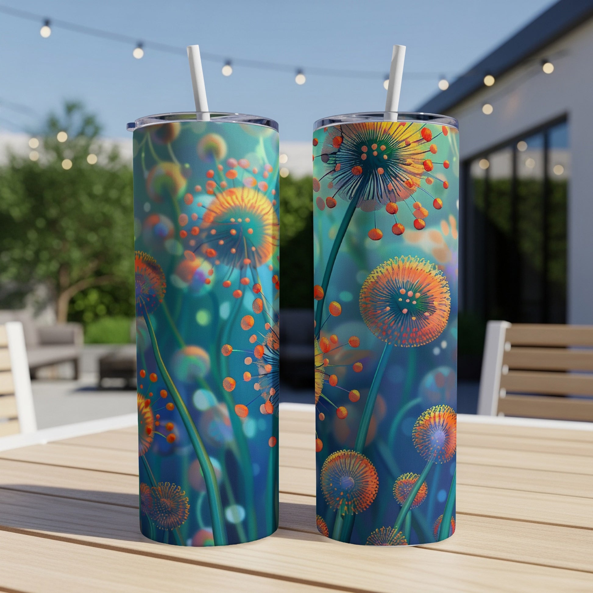 Two tumblers with a floral dandelion design on a wooden table.
