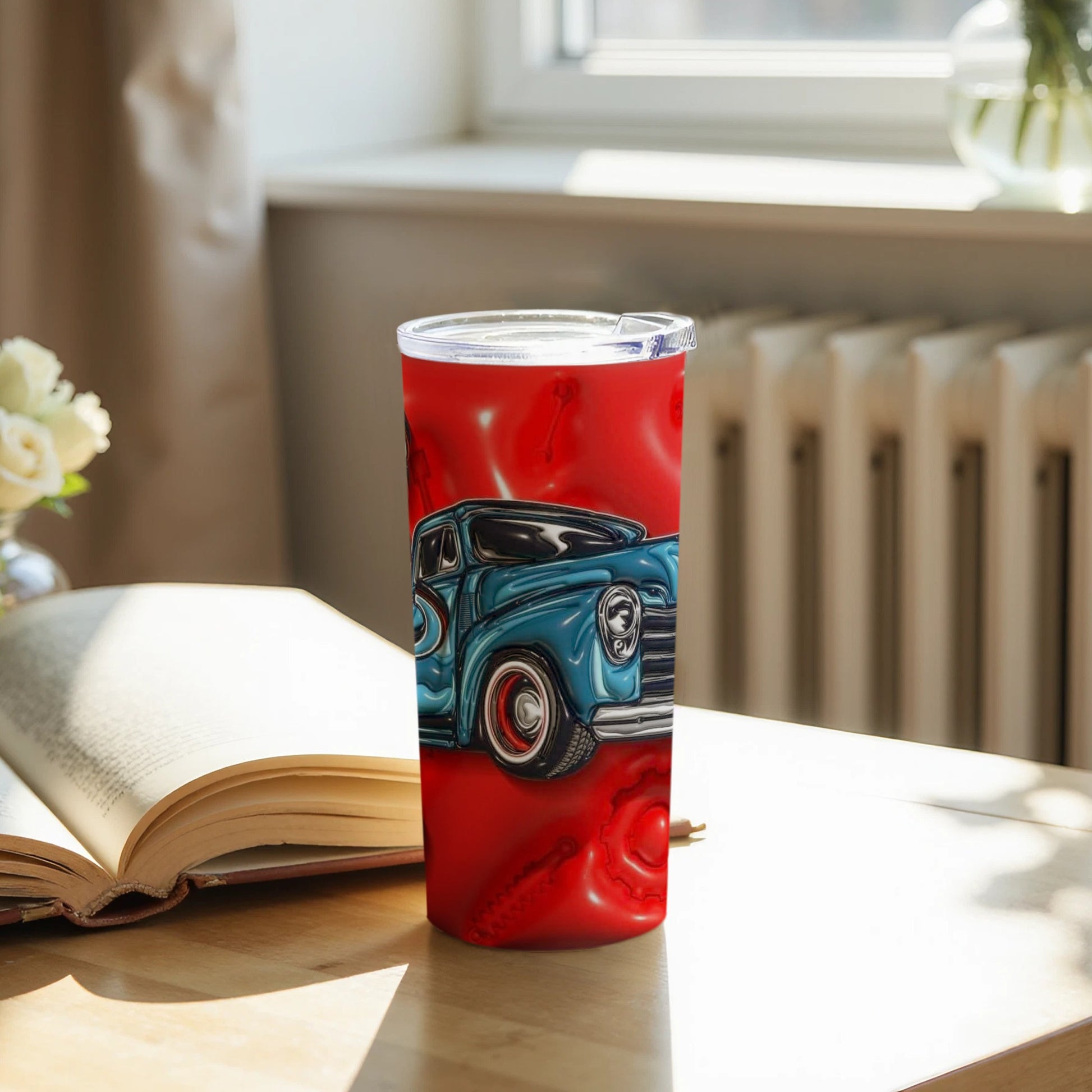 Vintage Blue Car Design Red Tumbler Cup