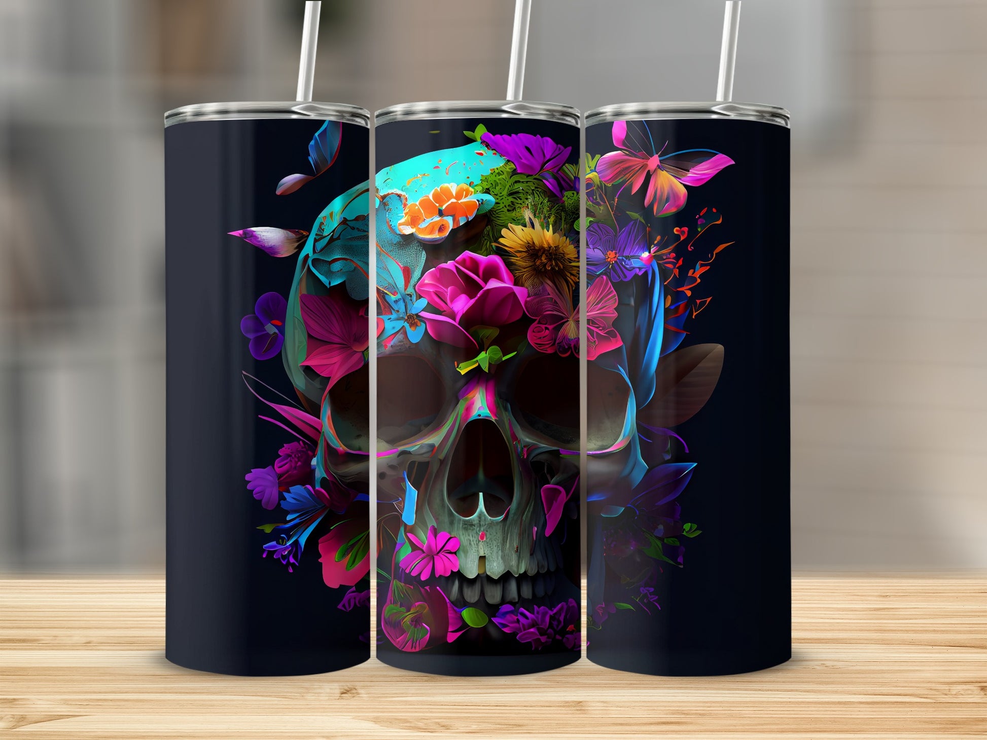 Colorful Floral Skull Design Tumbler For Beverages