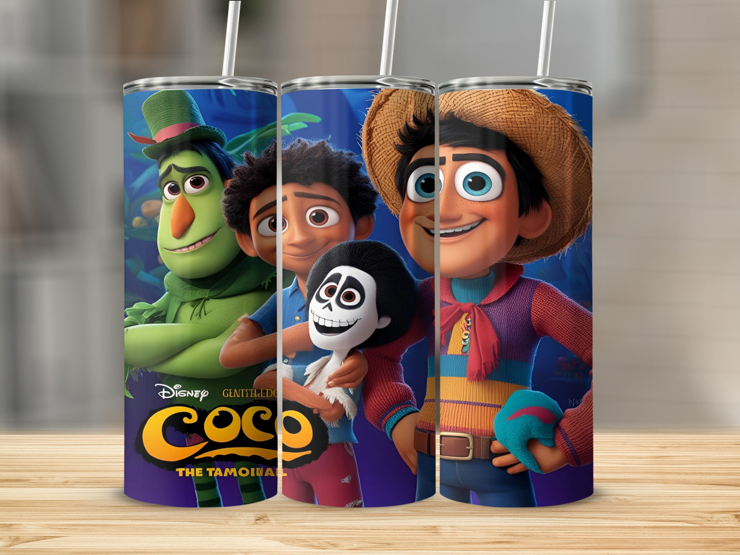 Coco The Tamaleo characters Miguel, Hector, and Dante on a blue tumbler.