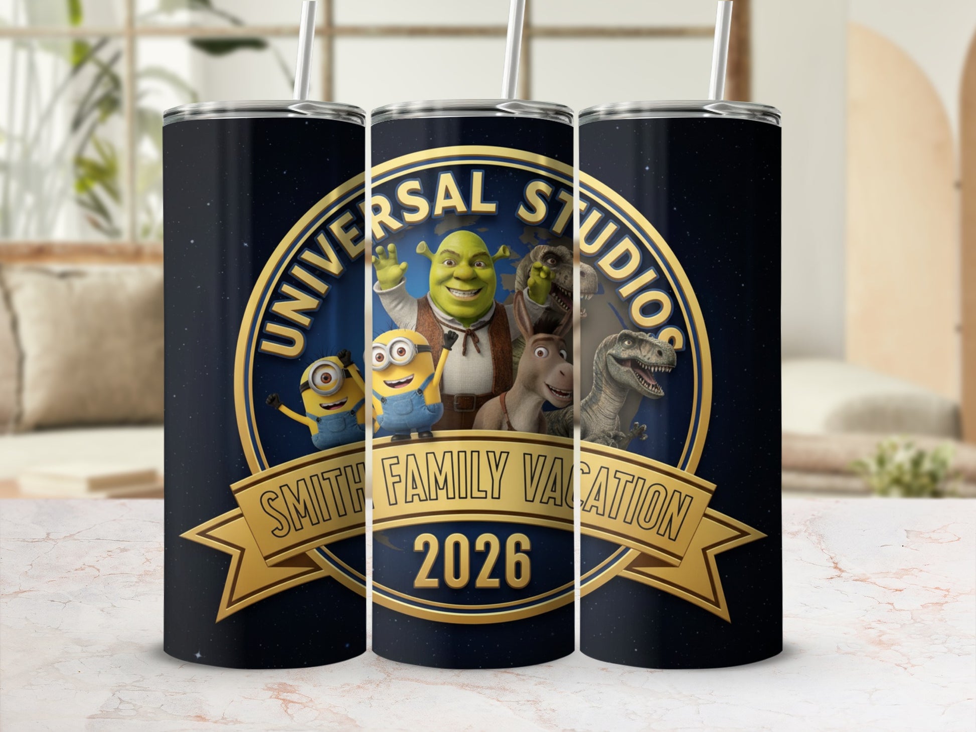 Universal Studios tumbler with Shrek, Minions, and dinosaurs, personalized for Smith Family Vacation 2026.