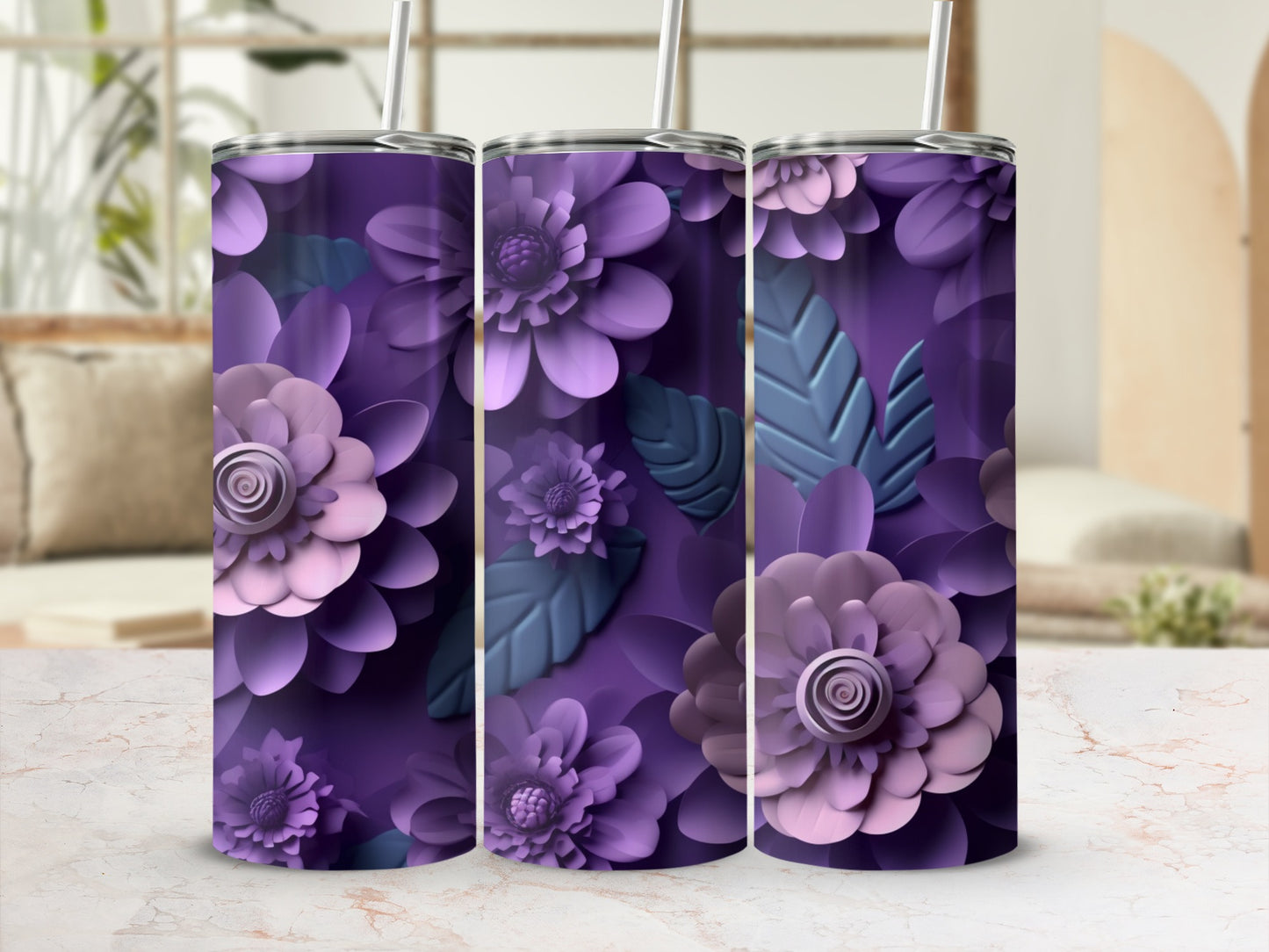 Floral Design Purple and Pink Tumbler Cups