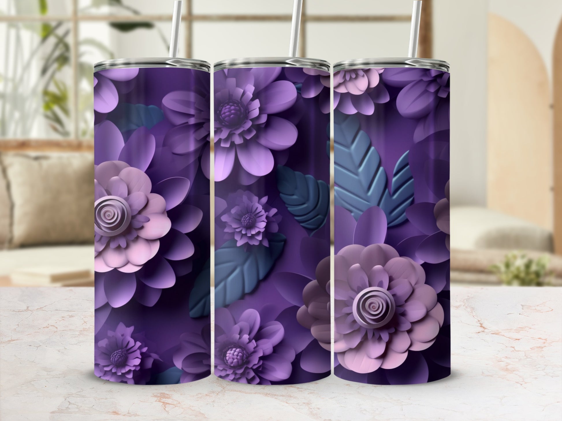 Floral Design Purple and Pink Tumbler Cups