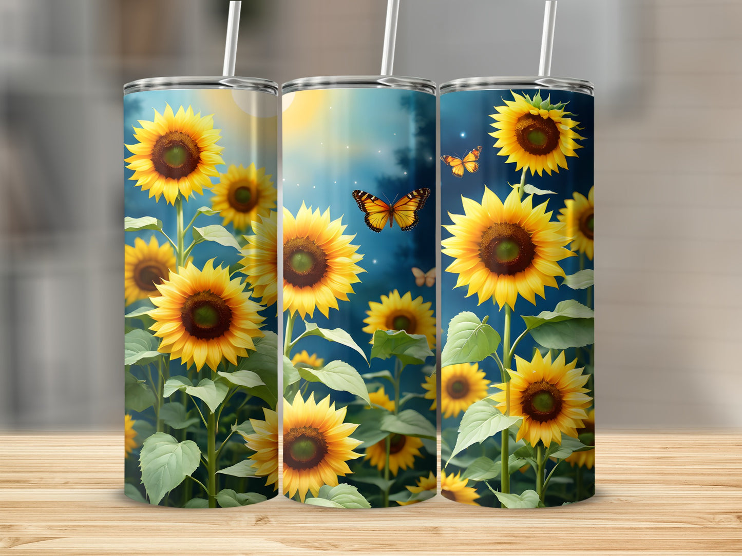 Sunflower pattern on three tumblers with butterflies and sunlight.
