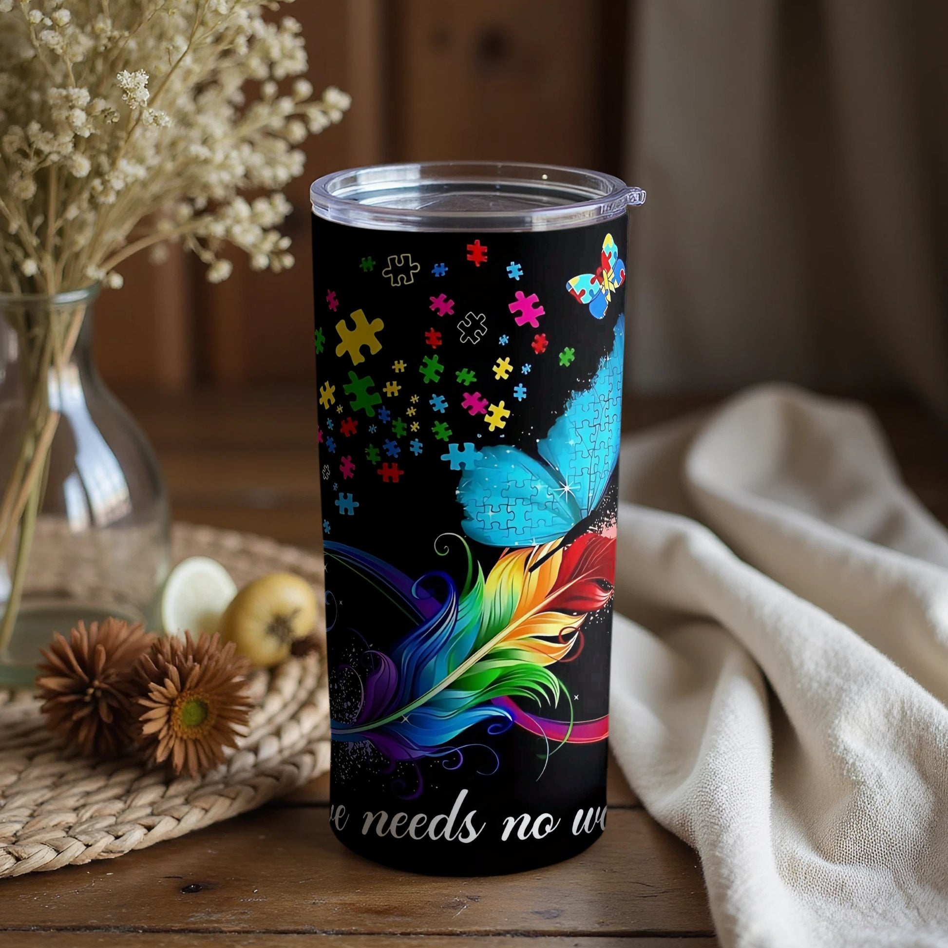 Butterfly and Feather Travel Tumbler Autism Awareness