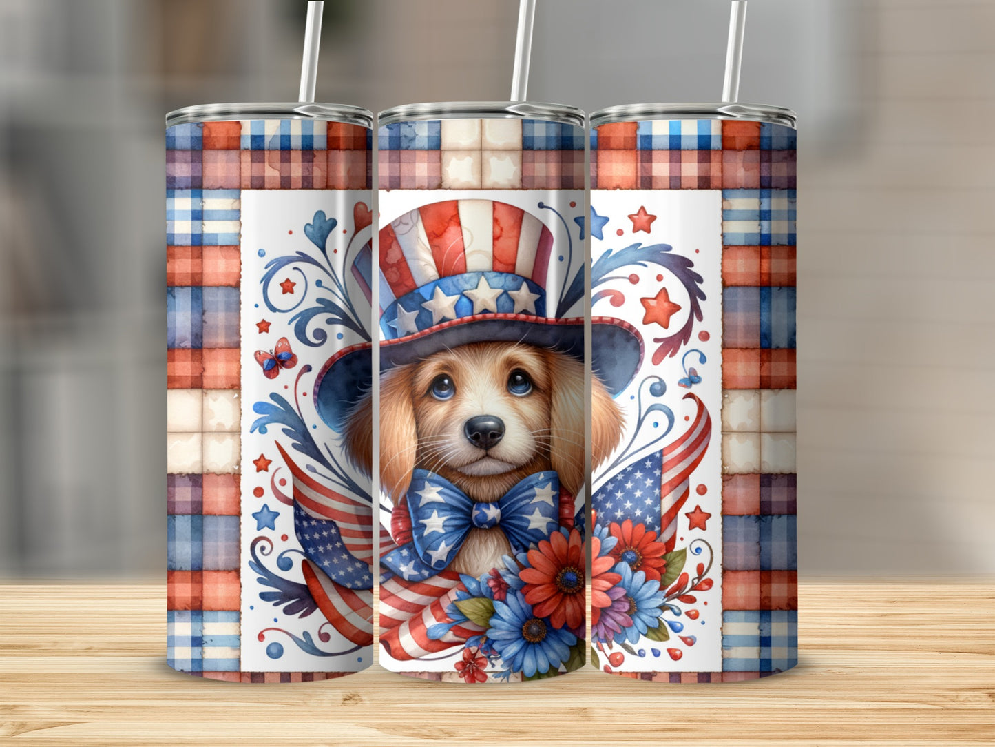 Patriotic puppy in hat with American flags and flowers on a tumbler.