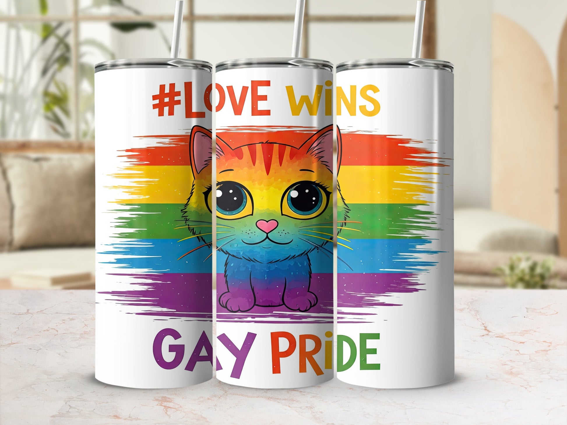 Rainbow cat with "#LOVE wins" and "GAY PRIDE" text.