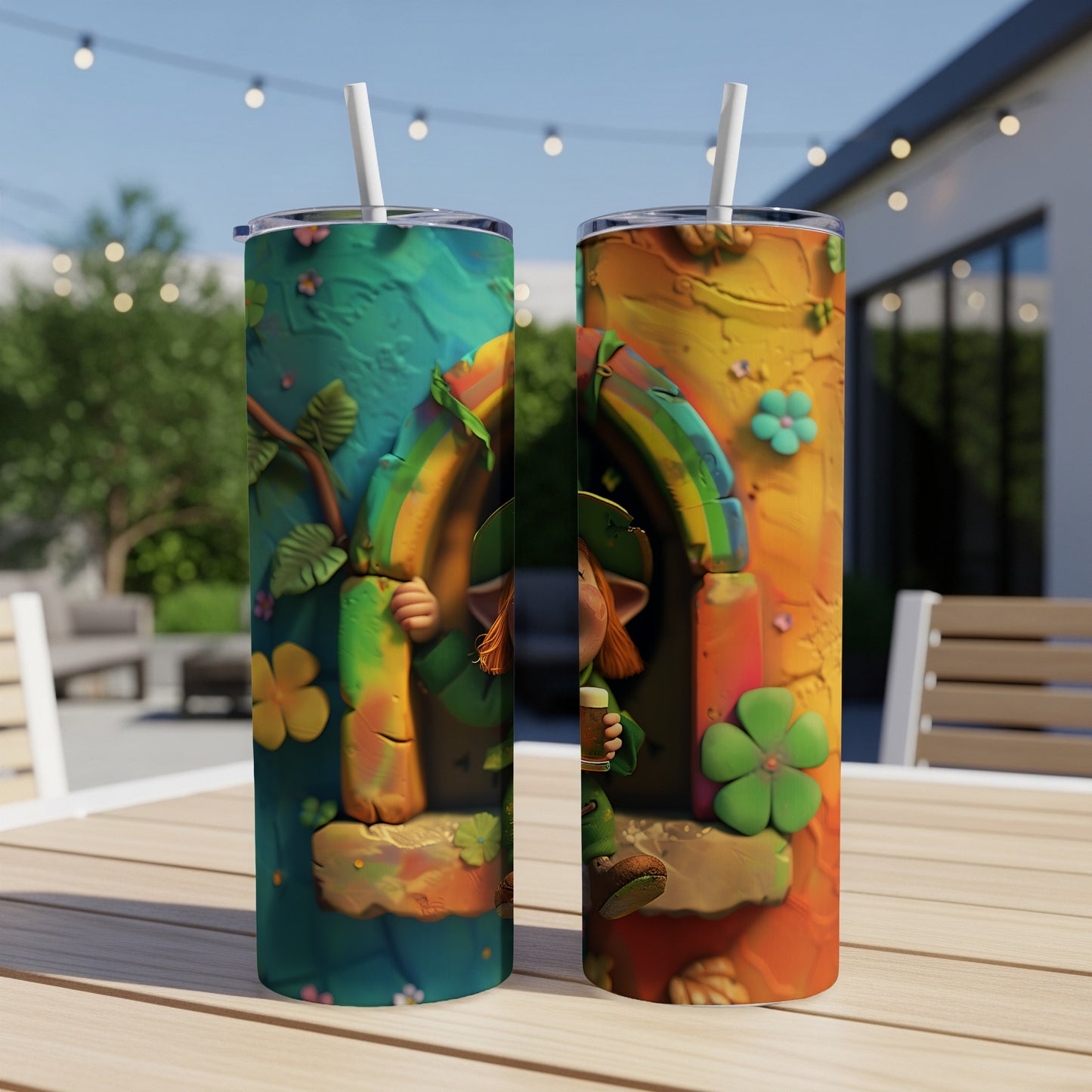 Two St. Patrick's Day themed tumblers featuring a leprechaun and rainbow.