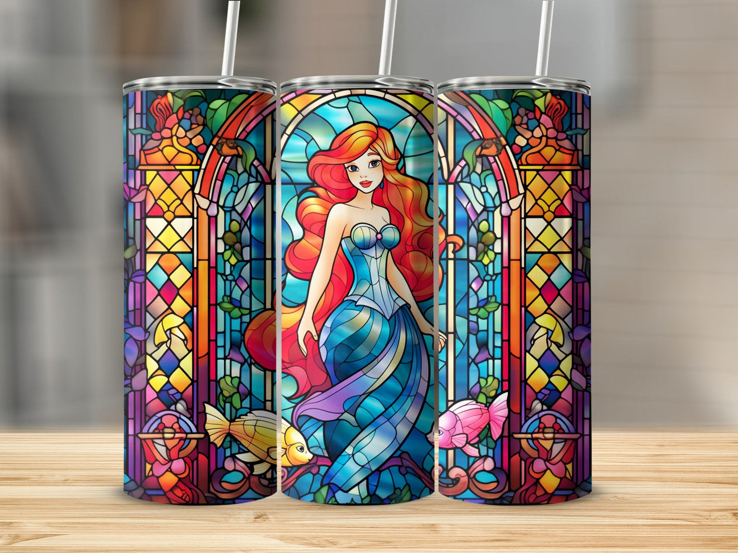 Vibrant Mythical Mermaid Stained Glass Art Tumbler