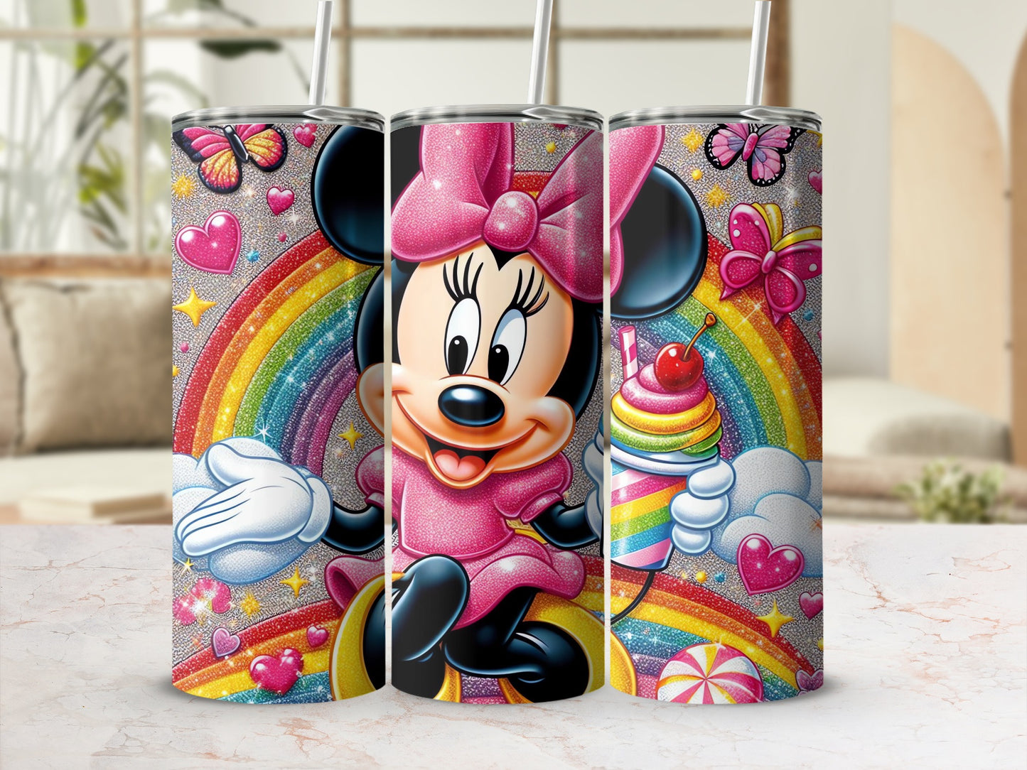 Colorful Minnie Rainbow Hearts and Cupcake Tumbler