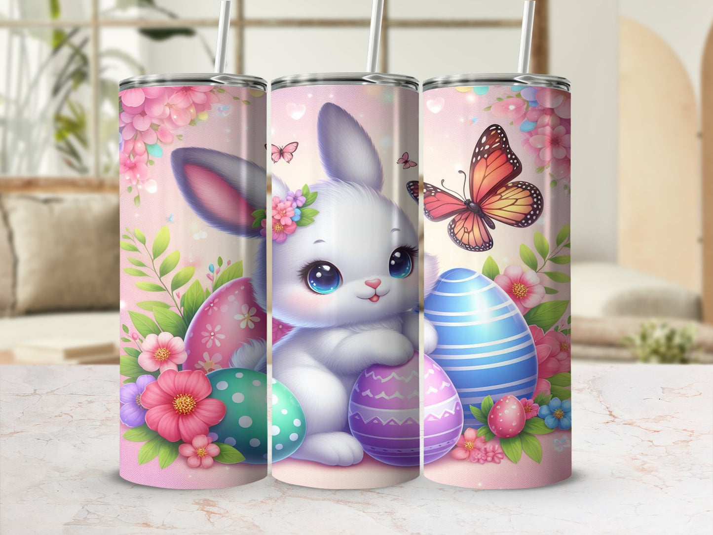 Cute Easter bunny with colorful eggs and butterflies.