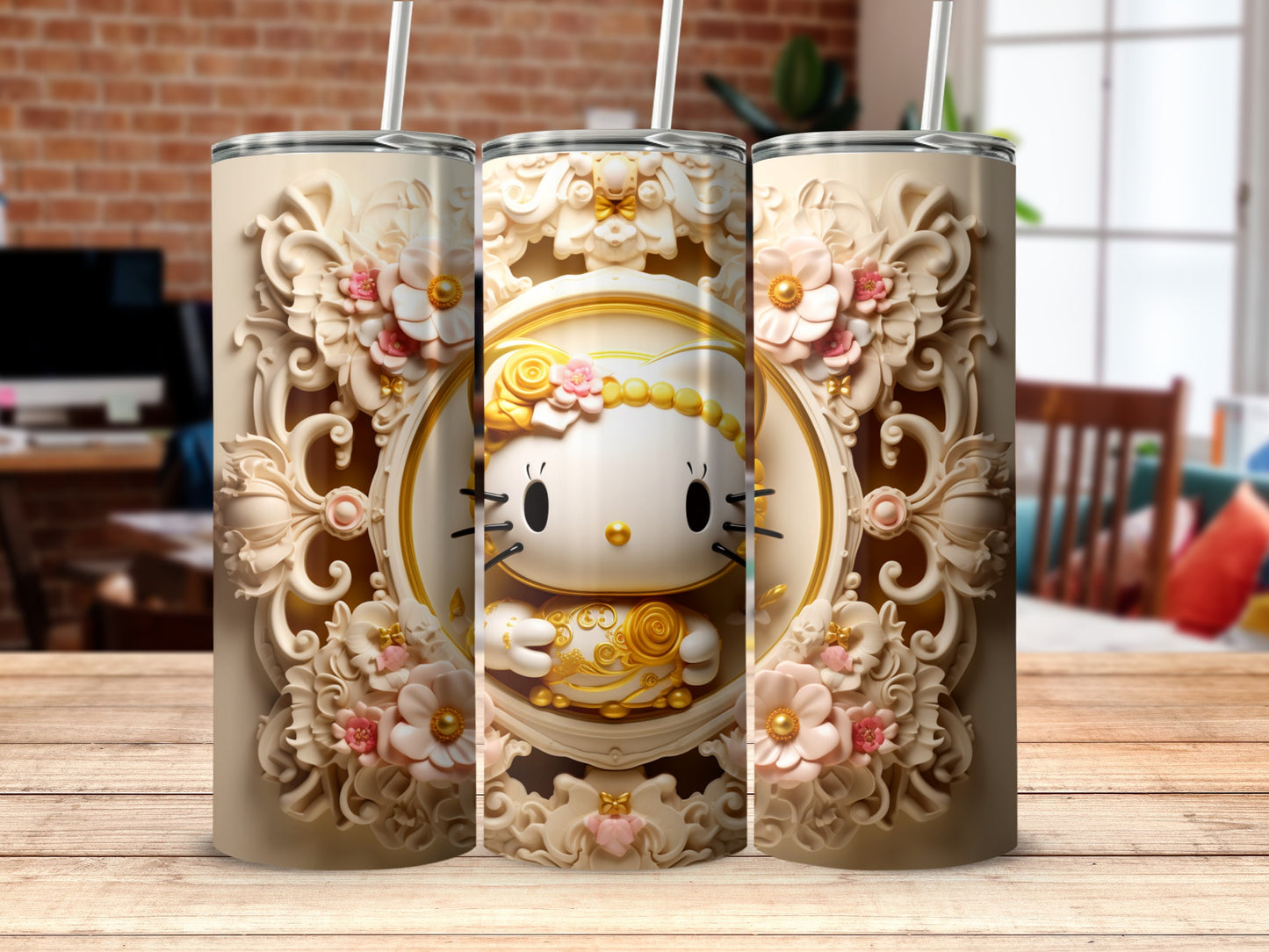 3D Carved Floral Hello Kitty Tumbler with Ornate Design