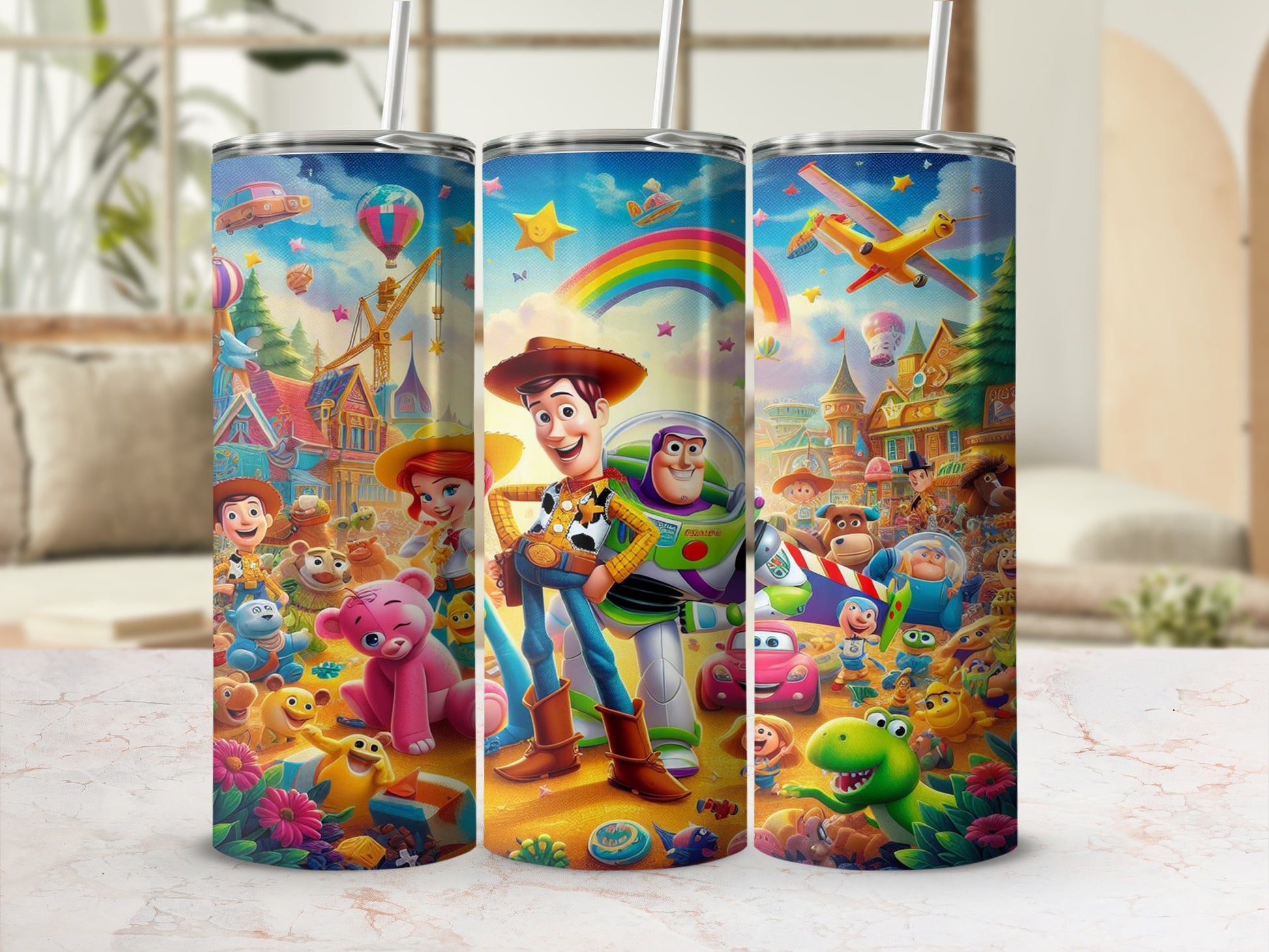 Toy Story characters Woody, Buzz Lightyear, and friends on a colorful tumbler.