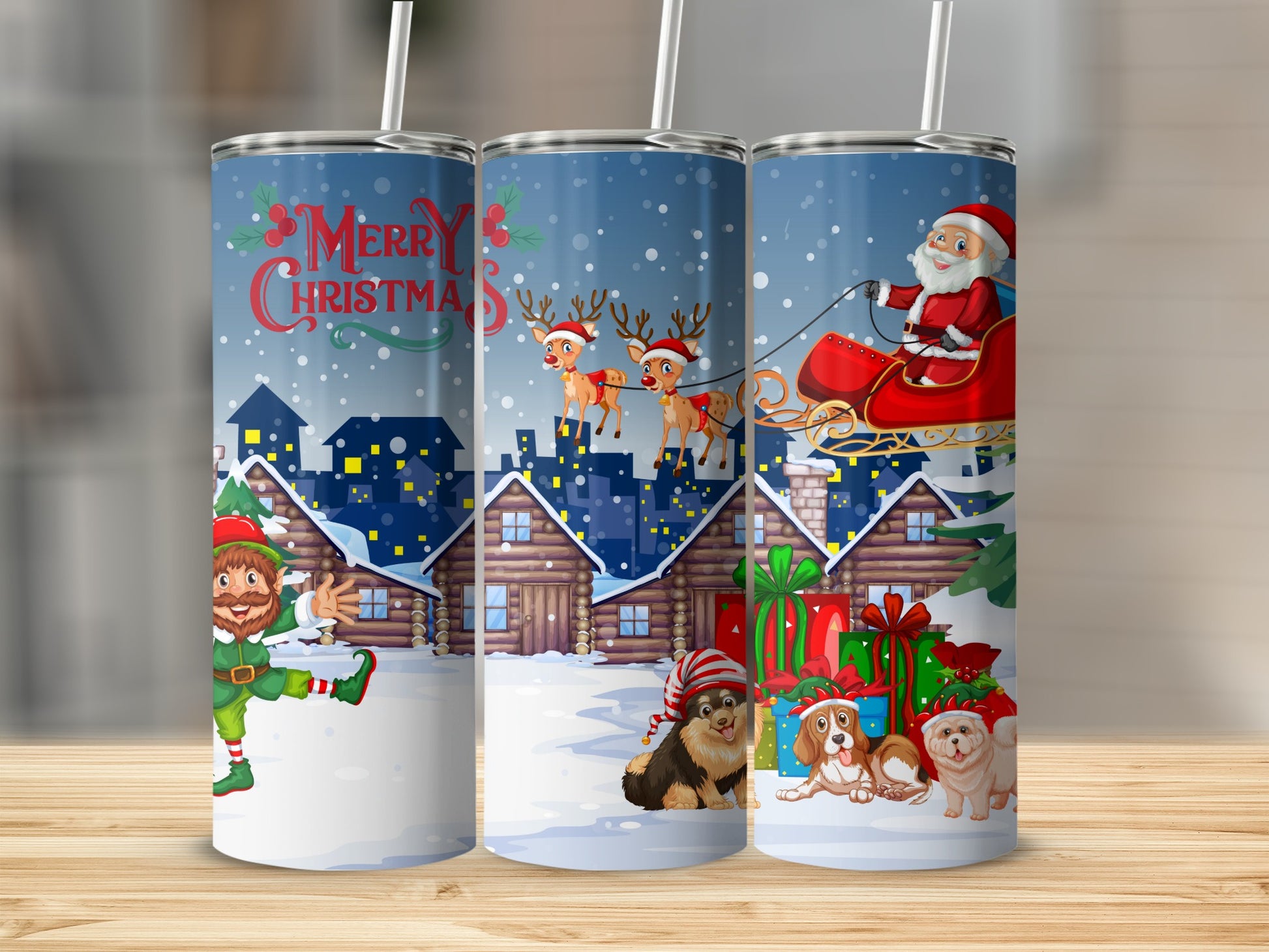 Merry Christmas Santa Claus and Reindeer Tumbler